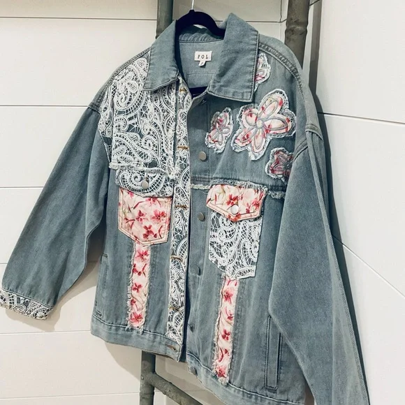 New POL 48 hr sale:Embroidered Denim Jacket with Lace and Floral Accents - Picture 2 of 3